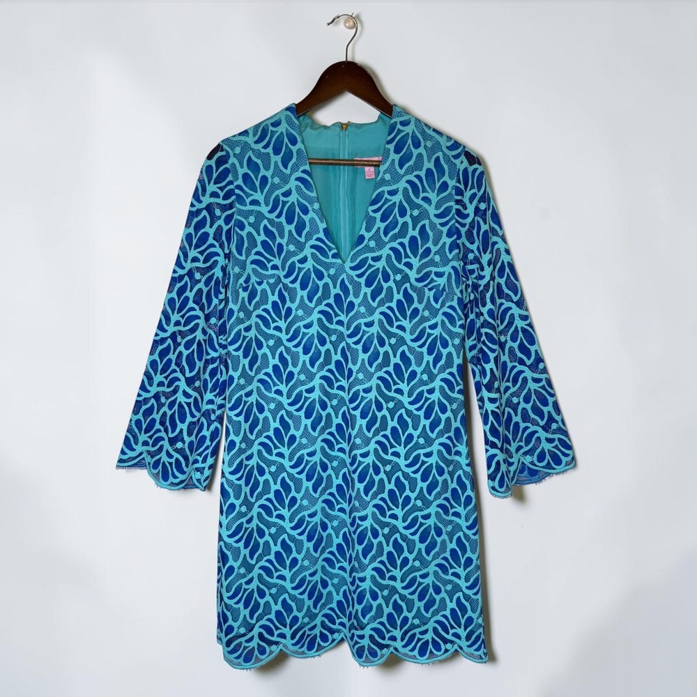Lilly Pulitzer Devina Dress Lace Shift Mini Resort Wear Preppy Retro Blue sz 10